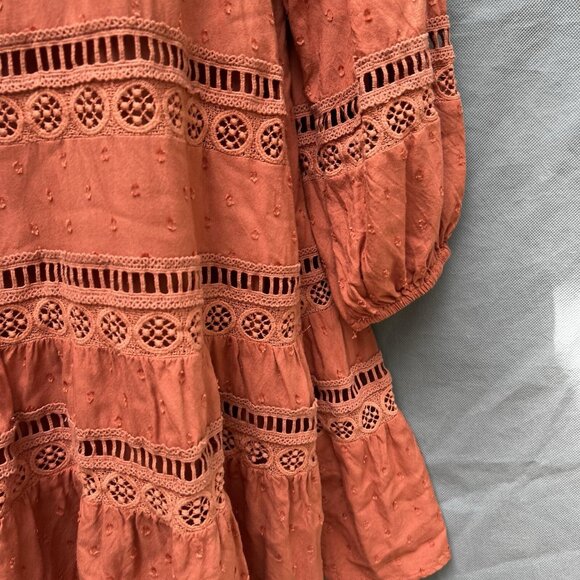 Anthropologie Burnt Orange Lace Swiss Dot Tiered Puff-Sleeve Mini Dress Sz XSP - Picture 5 of 7